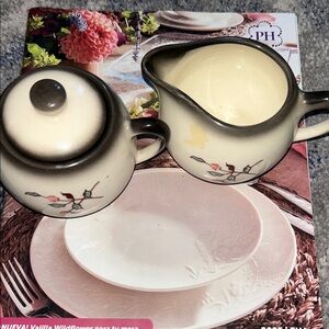Floral Cream and Brown Ceramic Creamer and Sugar Set